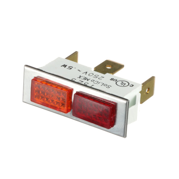 A close-up of a red rectangular Vulcan indicator light.