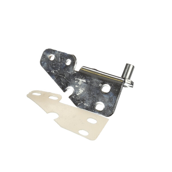 A close-up of a metal Turbo Air Refrigeration bottom left hinge with a hole in it.