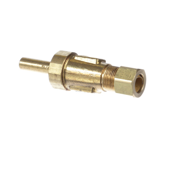 A close-up of a brass connector nut on a brass pipe.