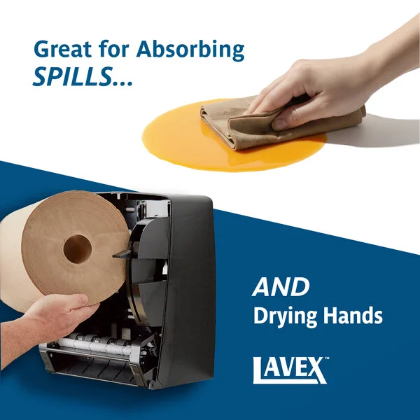 A graphic showing that Lavex paper towels are great for absorbing spills and drying hands.