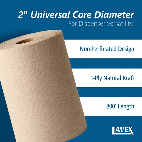 Lavex 8" Natural Kraft Hardwound Paper Towel, 800 Feet / Roll - 6/Case