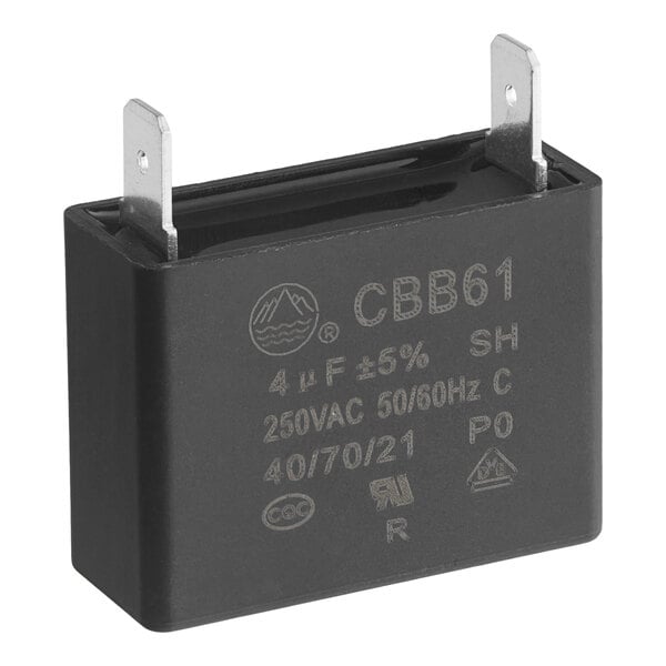 A black rectangular Bunn motor capacitor with text.