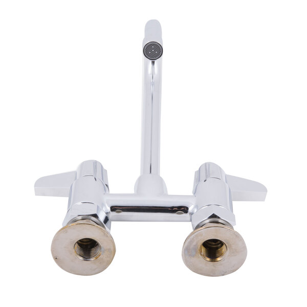 A close-up of a silver Equip by T&S deck-mounted faucet with gooseneck spout and lever handles.