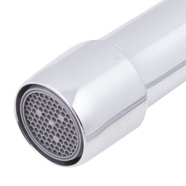 A close-up of an Equip by T&S deck-mounted faucet with a chrome finish and lever handles.