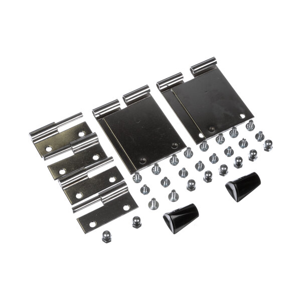 A black metal hinge kit with screws.