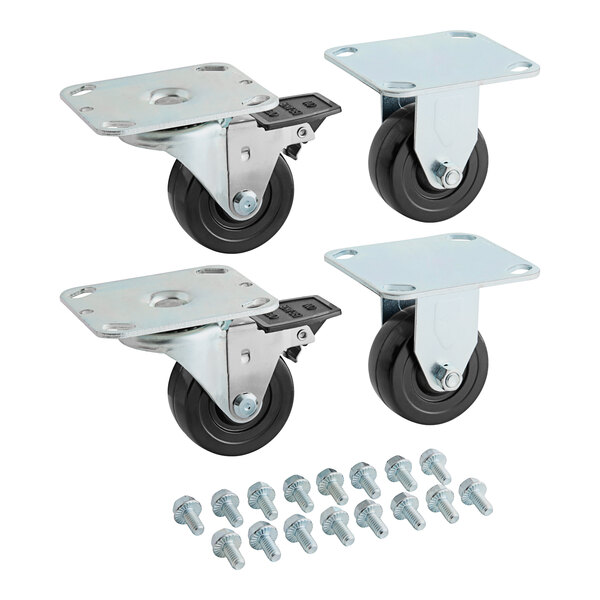 A set of four Alto-Shaam metal casters with black rubber wheels and screws.