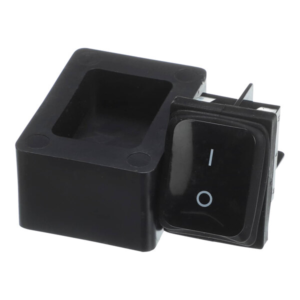 A black rectangular Antunes Rocker Switch with a black square button.