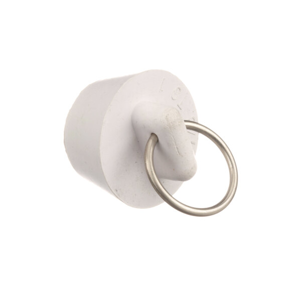 A white plastic plug with a metal ring.