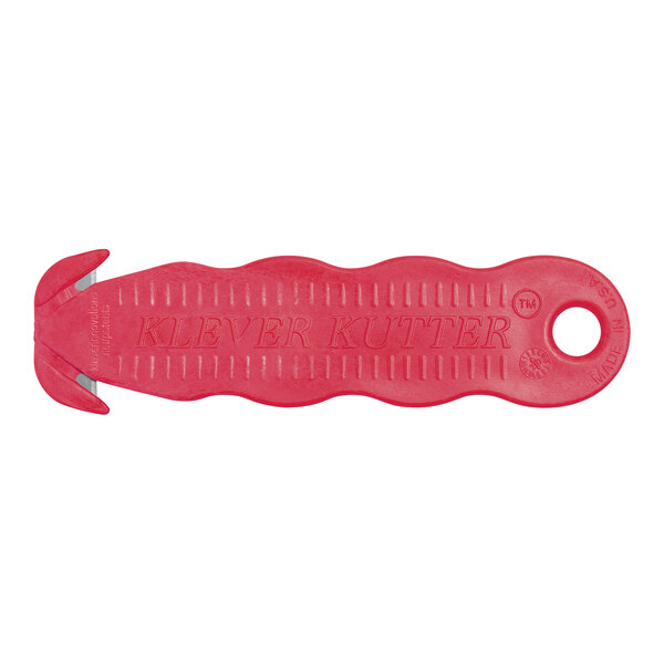 A red plastic Klever Kutter box cutter with a hole in the handle.