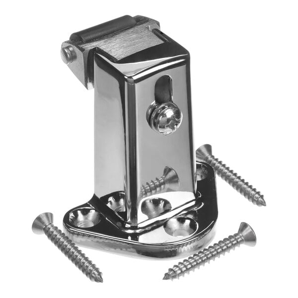 A close-up of a stainless steel International Cold Storage door strike bracket with screws.