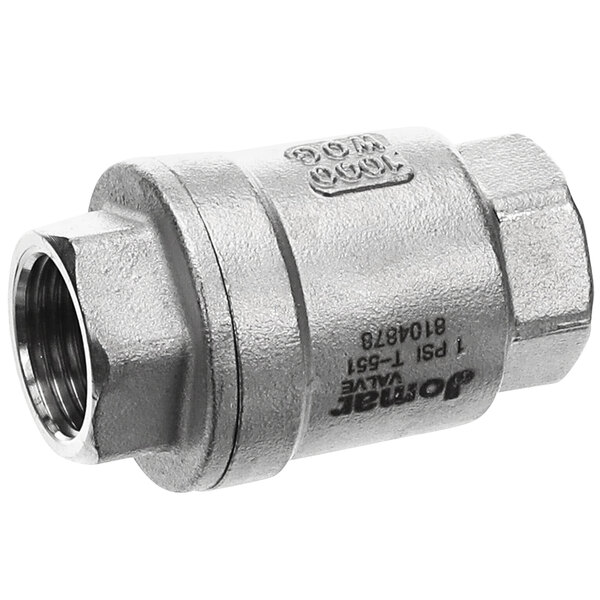 A stainless steel Frymaster valve with a threaded nut.