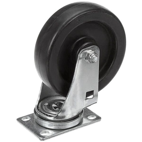 A black wheel with a metal bracket.