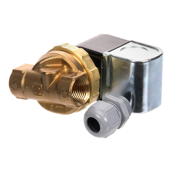 A close-up of a brass Meiko solenoid valve with metal and plastic connectors.