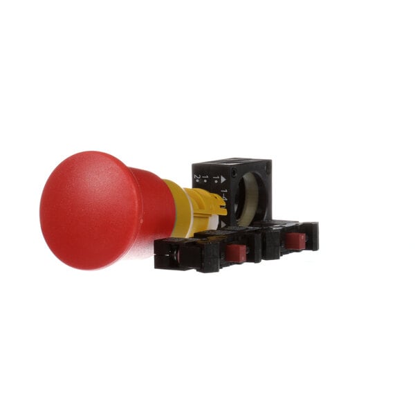 A close up of a Meiko emergency stop button with red and yellow push pins.