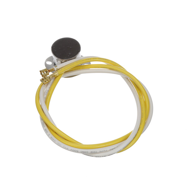 A yellow and white cable with a black button and a yellow and white wire.