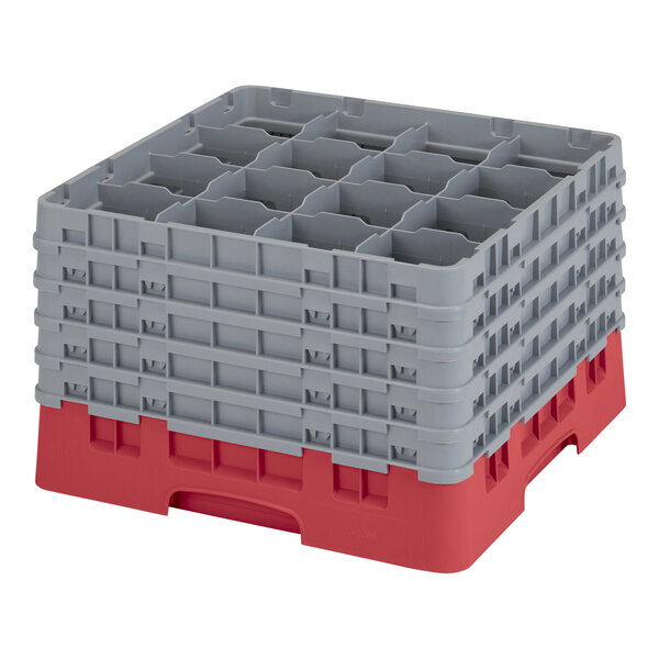 A red and gray Cambro plastic glass rack with 16 compartments.