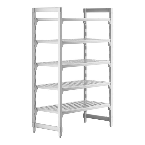 A white plastic Cambro Camshelving Premium unit with 5 vented shelves.