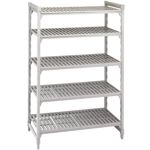 A white Cambro Camshelving Premium unit with 5 vented shelves.