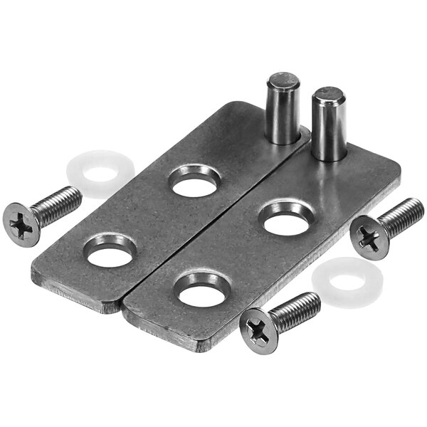 A Glastender hinge set with metal brackets, screws, and nuts.