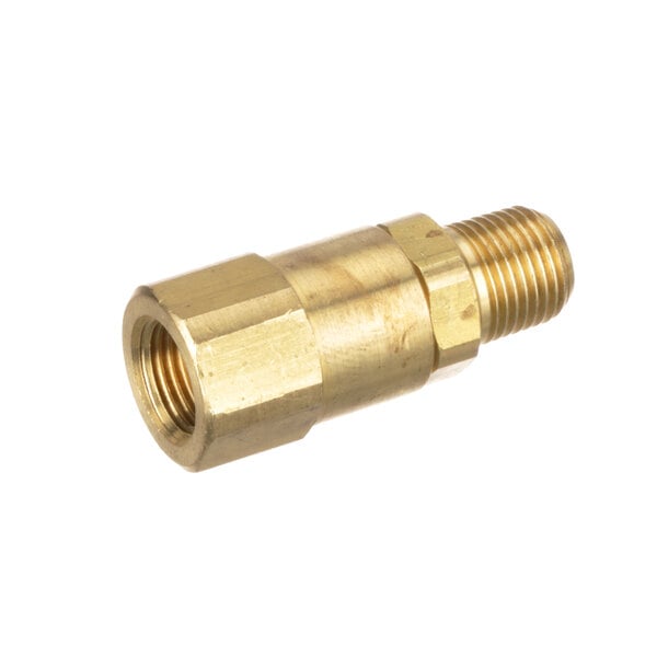 A close-up of a brass pipe with a threaded male fitting.