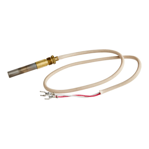 A thermopile with a metal probe, brass fitting, and attached insulated wires ending in fork connectors.