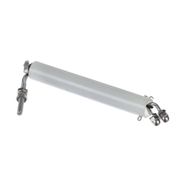 A white metal tube with metal screws at the ends.
