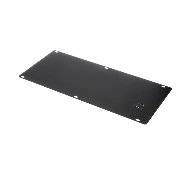 A black metal rectangular plate with holes.