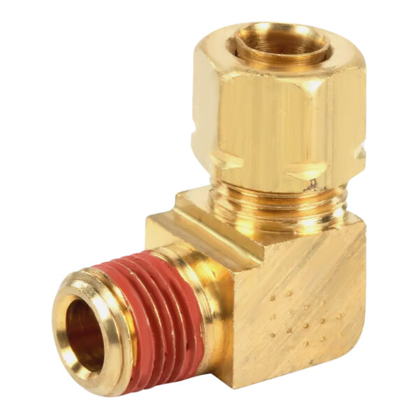 A gold and red brass threaded elbow.