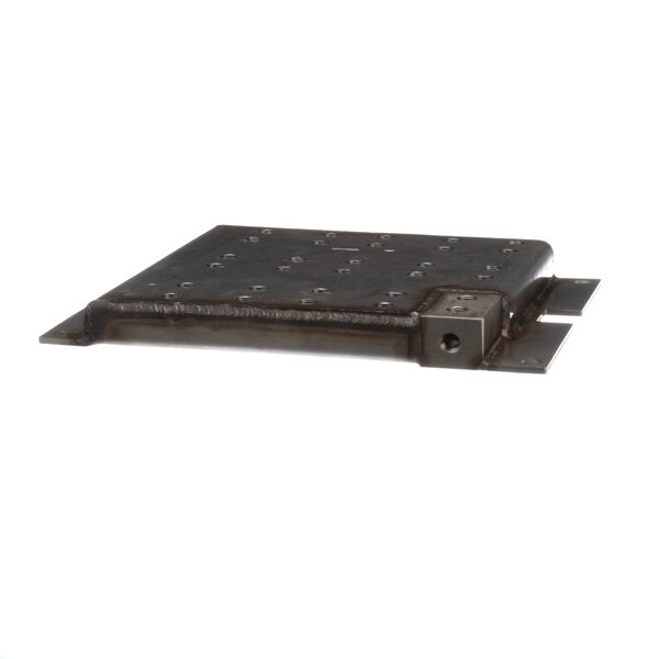 A black metal plate with holes.