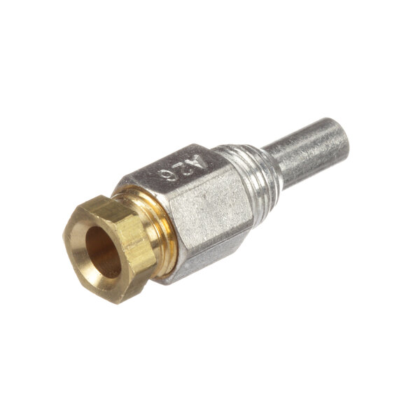 A close-up of a Groen orifice spud with a brass and gold connector.