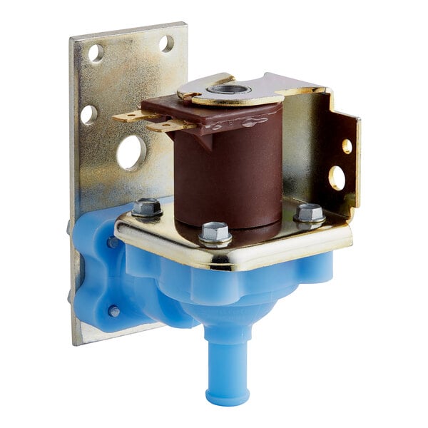 A close-up of a blue and silver metal Scotsman water inlet valve.