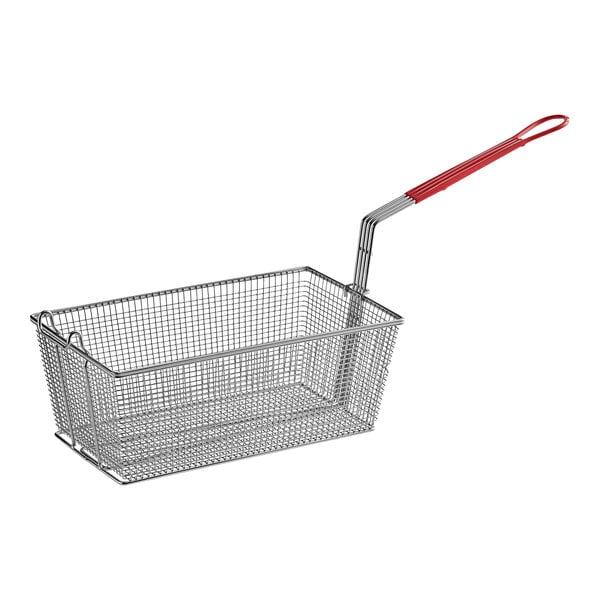 A wire fryer basket with a red handle.