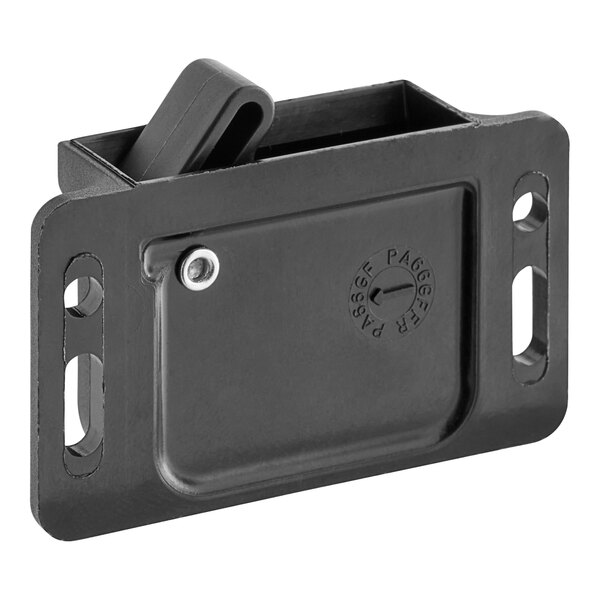 A black metal door latch with holes on the side.