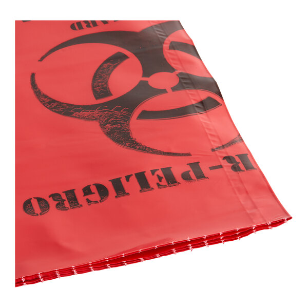 A red plastic bag with a black biohazard symbol.
