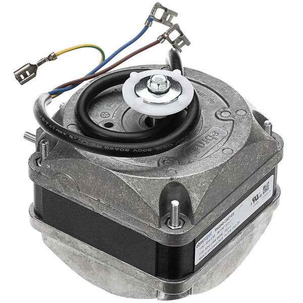 A Franke condenser fan motor in a metal box with wires and a wire harness.