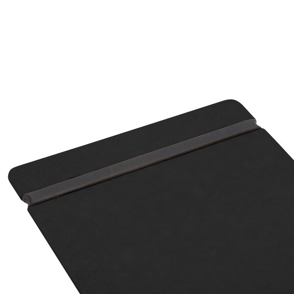 A black menu board with flex bands on a table.