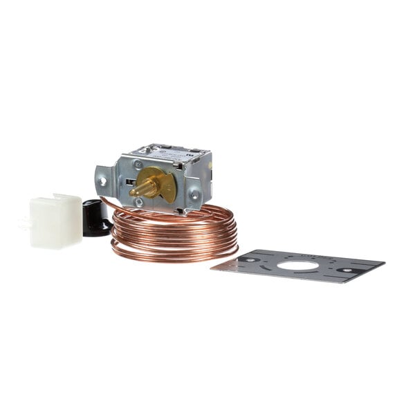 A close up of a Hussmann commercial refrigeration thermostat with a metal nut and copper coil.