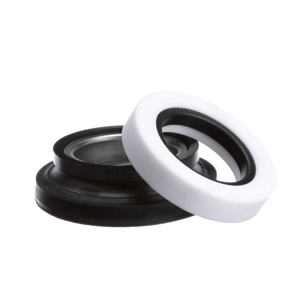 A close-up of a black and white rubber seal with a white background.