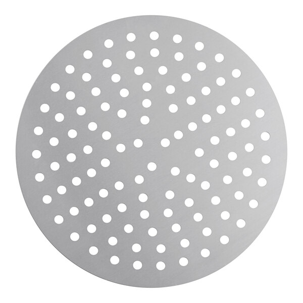 An American Metalcraft 12" perforated pizza disk. A circular metal surface with holes.