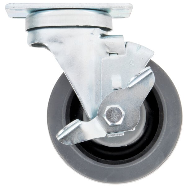 A close-up of a metal wheel with a rubber wheel and a screw.