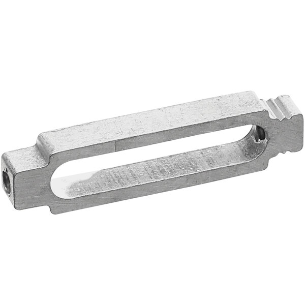 A silver turnbuckle with a hole in it.