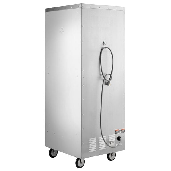 A large white proofing cabinet with a clear door and a grey hose attached to it.