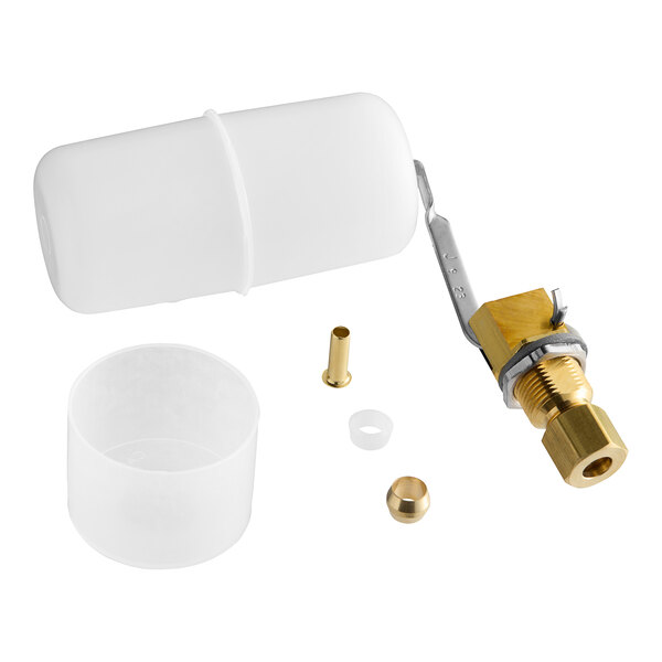 A white plastic Ice-O-Matic float with brass fittings.