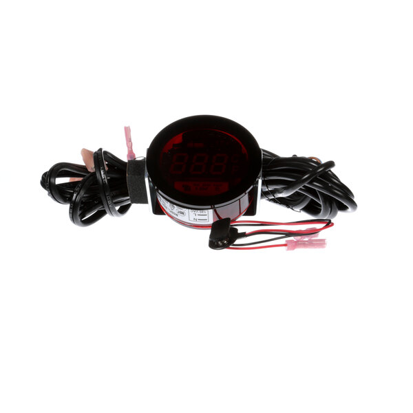 A close up of a white Victory digital thermometer with red wires.