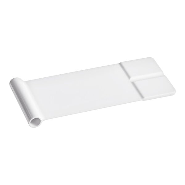 A white rectangular plastic paddle with a curved edge and a white handle.