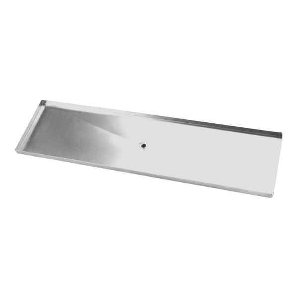 A stainless steel rectangular pan with a hole in the middle.