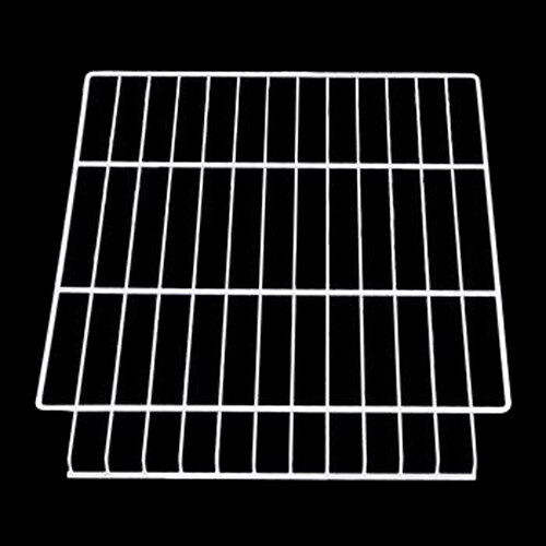 A white metal wire shelf with stainless steel bars and white metal wire shelves.