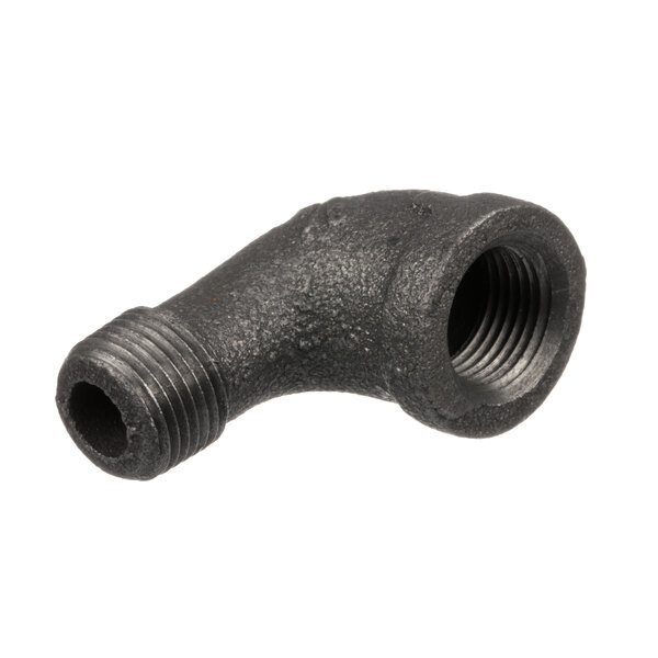 A black elbow pipe fitting with a threaded end.