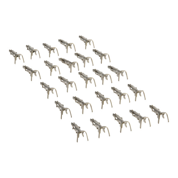 A set of 25 metal male connector pins arranged in rows.