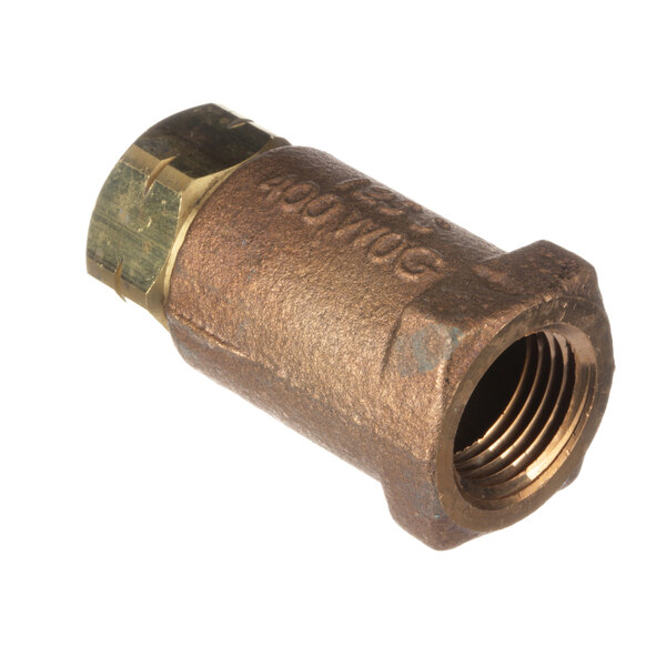 A brass Market Forge check valve with a nut on a metal pipe.